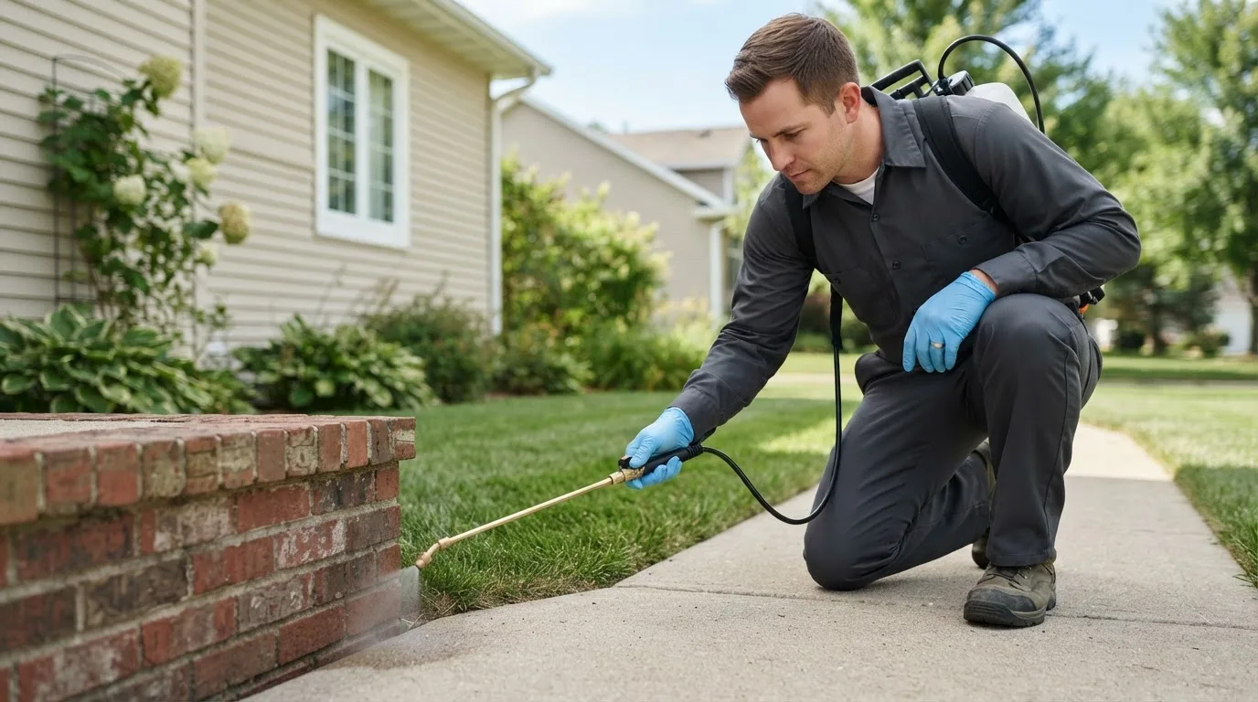 Pest control technician treating a home near Cove, OR